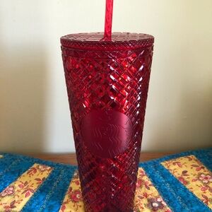 Starbucks Red Textured Holiday 24oz Tumbler with straw New Jeweled Venti